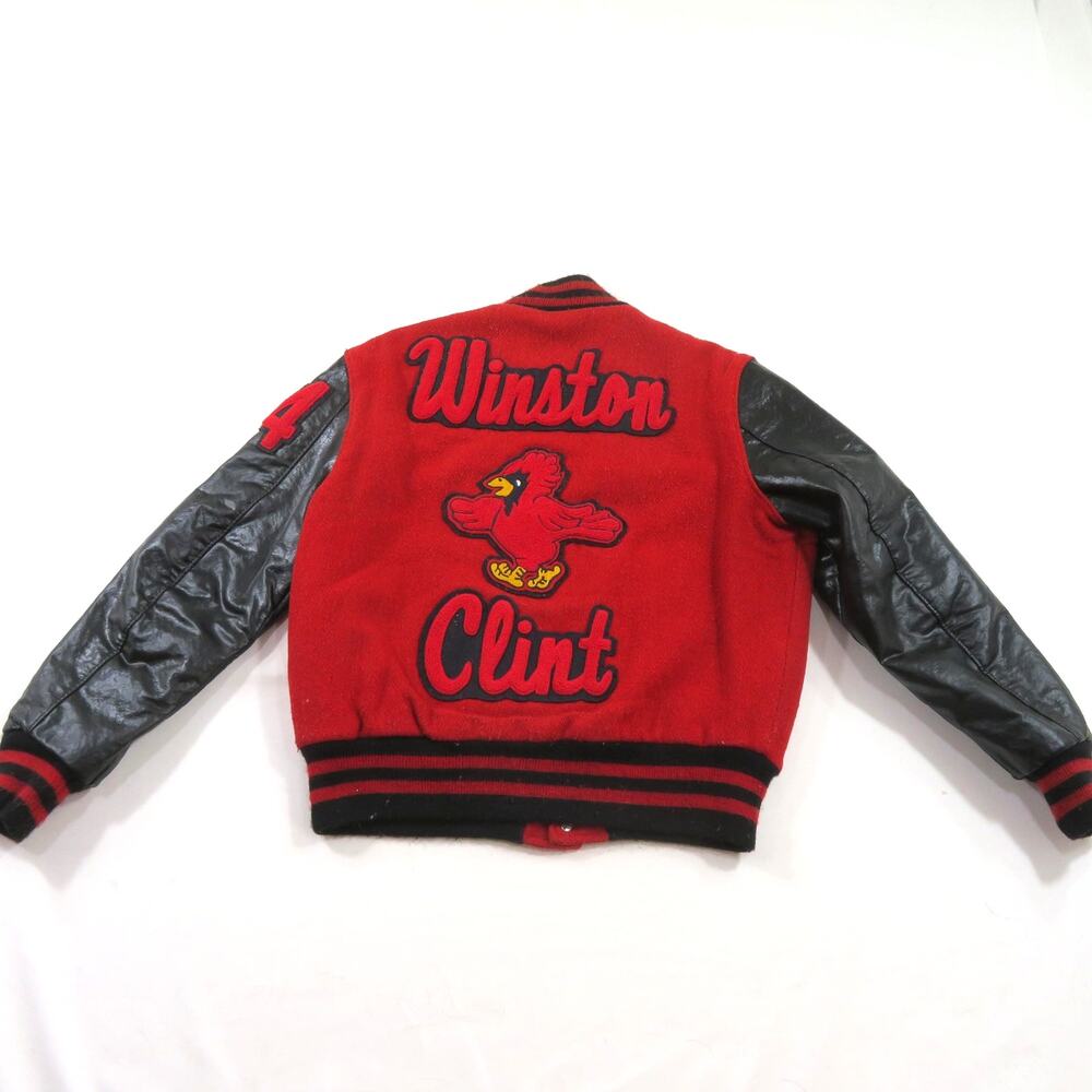 Wool Blend Letterman Jacket Patches Winston Clint Red Black DeLong Sz 18 1990s